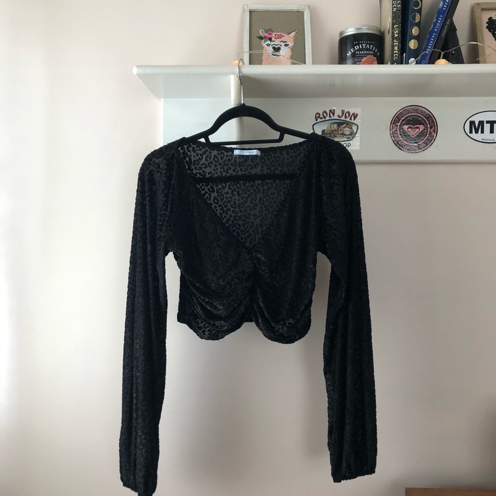 Black velvet leopard print long sleeve crop top